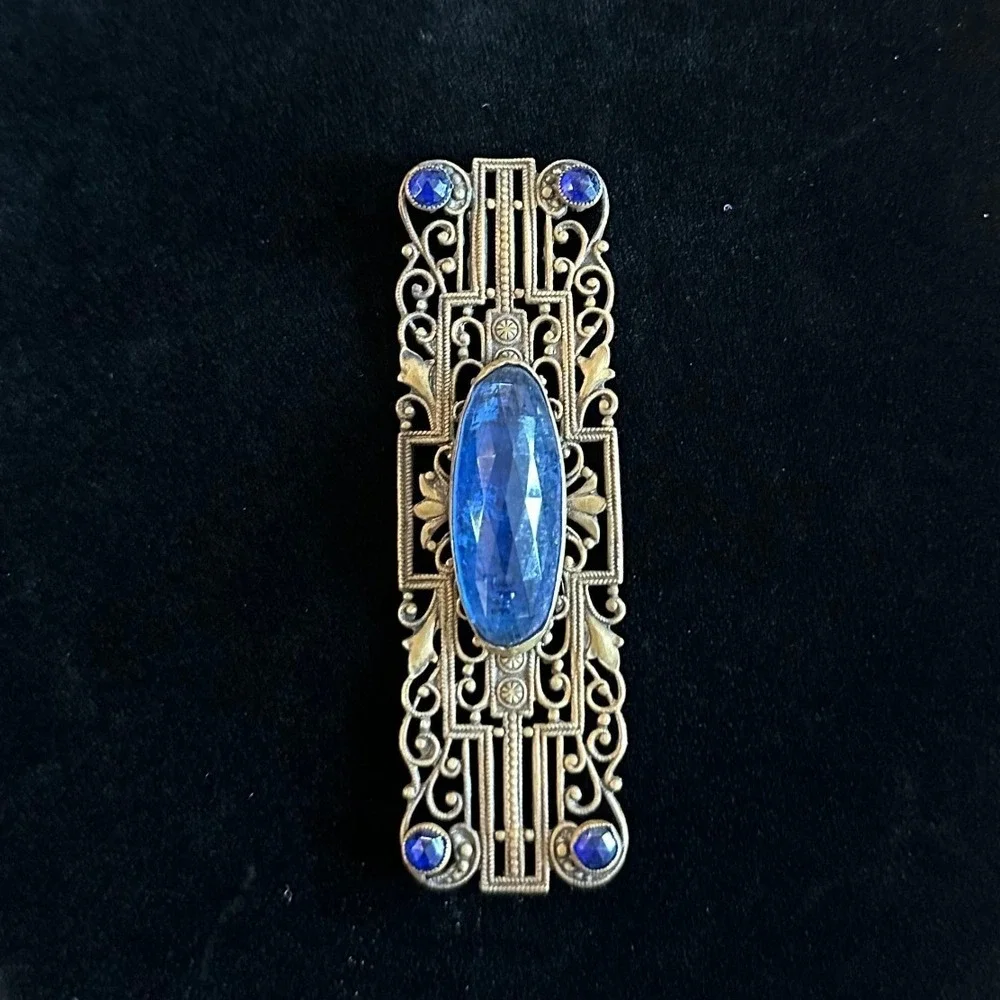 Vintage Art Deco Style Blue Stone Filigree Bar Brooch Antiqued Brass Tone 3.25in